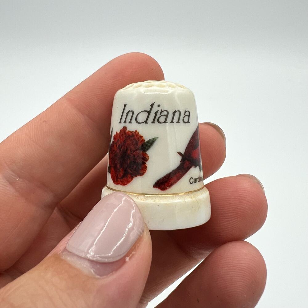 Indiana White Ceramic Souvenir Thimble with Red Floral and Cardinal Design